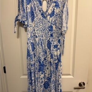 Free People White Maxi Dress with Blue Botanical Print